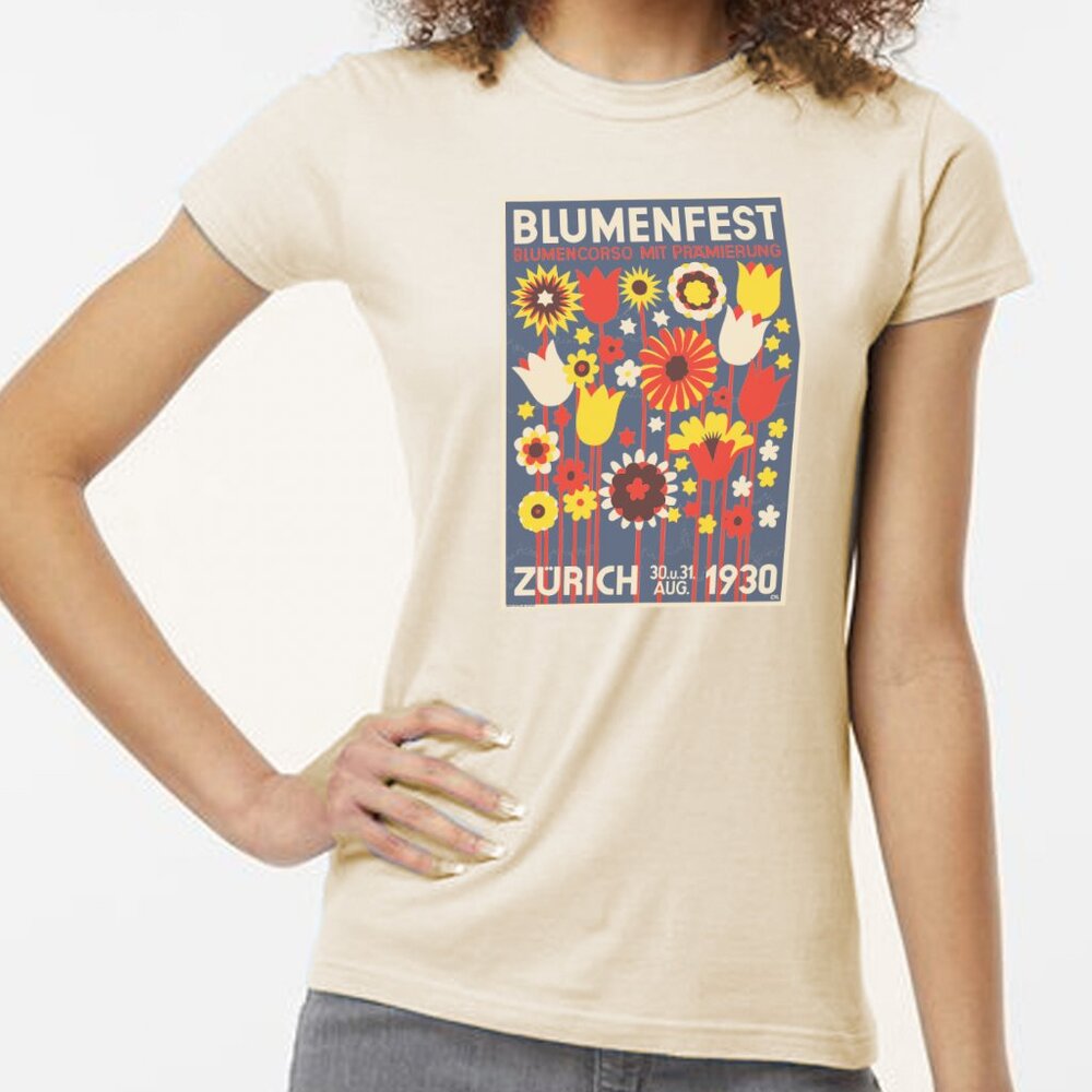 NWT Vintage Print Blumenfest Flower Poster Crew Neck Tan T-shirt